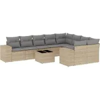 vidaXL 10-delige tuinmeubelset met kussens, beige, polyrotan