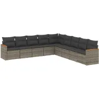 vidaXL 9-delige tuinmeubelset met kussens, grijs, polyrotan