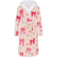 Badrock Badjas dames met capuchon - beige fleece badjas met hartjes en strikjes - heerlijk zacht en warm - dikke badjas met sherpa voering - maat S/M