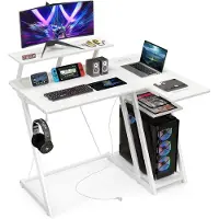 Costway Bureau met stopcontacten en USB-poorten, kleine computertafel met monitorstandaard, hoofdtelefoonhaak, opbergvak en CPU-standaard, hoekbureau voor kleine ruimtes, 107 x 45 x 93 cm (wit)