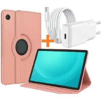 Ntech Hoes Geschikt voor Samsung Tab A11 Plus / A9 Plus tablethoes – 360° draaibaar Rose Goud met USB C Adapter - USB C oplader- Slim Snellader 20W Met USB C Kabel 1m - COMBI-SET
