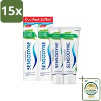 Sensodyne 15 x - Tandpasta - Fresh Mint - Frisse Munt - Duopack - 2 x 75 ml - Grootverpakking - Gevoelige Tanden - Tandpasta - Frisse Munt - Fluoride - Tandplak