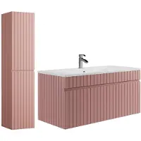 Vente-unique Zwevend badkamermeubel met inbouwwastafel en kast - 100 cm - Kleur roze met verticale lijnen - SATARA
