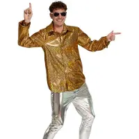 Partychimp Shiny Disco Shirt Goud voor Heren Carnavalskleding Foute Party Verkleedkleding Volwassenen Heren Toppers 2026- Disco- Shiny- Polyester - L