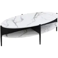Vente-unique Ovale salontafel met 4 nissen van mdf en metaal - Wit marmereffect en zwart - EVARO