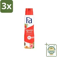 Fa 3 x - Paradise Moments - Deodorant Spray - Hibiscusbloem - 150 ml - Grootverpakking - Deodorant Spray - Huidbescherming - Anti-vlekken - Hibiscusbloem - Frisheid