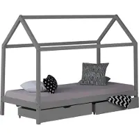 Homestyle4u Kinderbed, type "Kinderhuis", met een afmeting van 90x200 cm, grijs van kleur, met een geïntegreerde opbergruimte