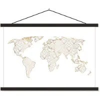 MuchoWow Wereldkaart goud lijnen lichtgrijs schoolplaat platte latten zwart 150x100 cm - Foto print op textielposter (wanddecoratie woonkamer/slaapkamer)