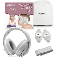 Youha gehoorbeschermingsset - gehoorbescherming geschikt voor Baby’s en Peuters (0-4 jaar) - 2-in-1 set - Anti slip- en klitterband - Kleur: Grijs