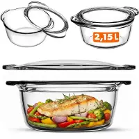 Kadax Ovenschaal van hittebestendig glas, vuurvast glas, glazen braadpan met deksel en handgrepen, servies om te braden, oven, elektrisch fornuis, lasagne, vlees, transparant (rond 2,15 liter)