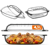 Kadax Glazen pan met hittebestendig deksel, vuurvaste container voor lasagne, groentestoofpot, braadpan (rechthoekig - 4,1 l)