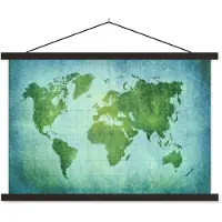 MuchoWow Wereldkaart perkament blauw groen schoolplaat platte latten zwart 90x60 cm - Foto print op textielposter (wanddecoratie woonkamer/slaapkamer)