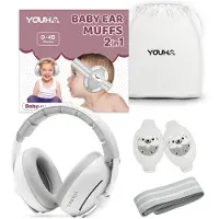 Youha gehoorbeschermingsset - gehoorbescherming geschikt voor Baby’s en Peuters (0-4 jaar) - 2-in-1 set - Anti slip- en klitterband - Kleur: Wit