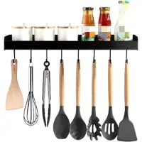 Buxibo Wandrek - Metalen Rek met Hangertjes - Keukenrek - Badkamerrek - Kruidenrek - Industrieel Design - Rechthoek - Zwart