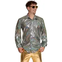 Partychimp Shiny Disco Shirt Zilver voor Heren Carnavalskleding Foute Party Verkleedkleding Volwassenen Heren Toppers 2026- Disco- Shiny- Polyester - M