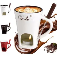 LONGZIMING -Chocoladefonduebeker - Keramische Chocoladefondue Beker zonder Theelicht - Smeltbeker voor warme chocolademelk - Chocoladesmelter Set met RVS Vork voor Dips en Desserts - Wit