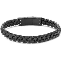Frank 1967 7FB-0851 – Heren Armband – Gevlochten Leren Armband – Zwart Leer – Zwart Staal – 21 cm – Cadeau voor Mannen