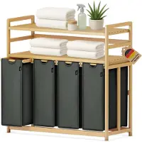 Ama Wasmand 4 Vakken - Wassorteerder - Wasmand - Bamboe Frame - 102.8x41.3x100.5cm
