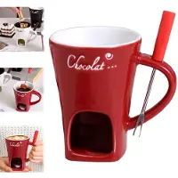 LONGZIMING -Chocoladefonduebeker - Keramische Chocoladefondue Beker zonder Theelicht - Smeltbeker voor warme chocolademelk - Chocoladesmelter Set met RVS Vork voor Dips en Desserts - Rood