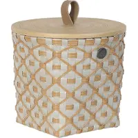 Handed By Handgevlochten duurzame opbergmand met bamboe deksel - Opberger - Klein - Mand - Woonkamer - Kinderkamer - Badkamer - Decoratief - Ivy & Rose small - pale grey met ecru patroon
