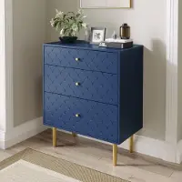 OKWISH Dressoir – 3 Laden – Marineblauw Vis Schubmotief – 75x40x89 cm – Opbergruimte Slaapkamer/Woonkamer – 20 cm Hoge Metalen Poten – Spaanplaat+Metaal