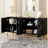 OKWISH Dressoir – 4 Deuren Met Verstelbare Planken – 160x40x80,5 cm – MDF Zwart+Notenbruin – Goudkleurige Metalen Handgrepen En Poten