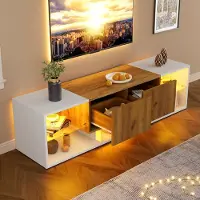 OKWISH TV-Meubel - Moderne Serie - 2 Lades - Met Dimbare LED-Verlichting en Afzonderlijke Glasplateaus - 3-Niveaus Opbergruimte Voor Woonkamer - Spaanplaat Lichtbruin+Crèmewit - 160x40x42 cm