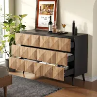 OKWISH Dressoir – Sideboard – 6 Lades – 120x40x85 cm – Verborgen Grepen En Verhoogde Fronten – Industrieel Met Zwarte Poten – MDF;Spaanplaat Zwart+Natuurlijk