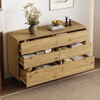 OKWISH Dressoir – 6 Lades – Houtlook Met Golffront – Veel Opbergruimte – Zwarte Metalen Poten – Spaanplaat Bruin – 120x40x75,5 cm – 50 kg Draagkracht