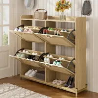 OKWISH Schoenenkast – 108,5×24×100 cm – Compact Verticaal Opbergmeubel Met Metaalframe – MDF Lichtbruin – Met Bovenplank Voor Smalle Hal Draagkracht 40 kg