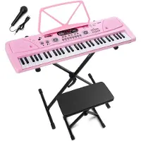 Max Keyboard piano kinderen - KD61P - Keyboard met 61 toetsen, standaard, bankje en oplaadbare accu - Roze