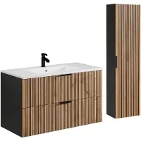 Vente-unique Geribbeld badkamermeubel met inbouwwastafel en kolomkast - Licht naturel en zwart - 100 cm - MADELA