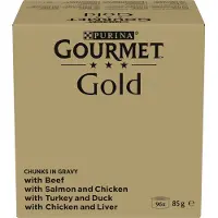 Gourmet 96x85g Gold Zachte Hapjes in Saus: Rund, Kip & Lever, Zalm & Kip Kalkoen & Eend Kattenvoer