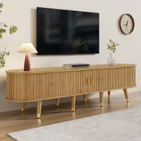 OKWISH TV-Meubel – Schuifdeurmodel met 2 Deuren en 2 Lades – Open Vakken en Kabelmanagement – Rustieke Stijl met Goudaccenten – MDF Houtnerf – 175×38×45 cm