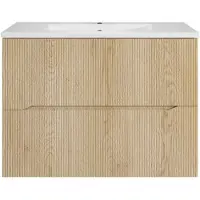 Vente-unique Zwevend geribbeld badkamermeubel met inbouwwastafel - Licht naturel - 80 cm - ORISO