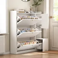 OKWISH Schoenenkast – Kantelmodel 3 Kleppen – Inklapbare Zitbank – 119x24x122 cm – Spanplaat Wit – Verstelbare Planken Met Kantelbeveiliging