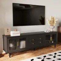 OKWISH TV-Meubel – Retro Design 4 Deuren + 2 Lades – Zonder LED – Geribbelde Glasdeuren & Gouden Grepen – Spaanplaat Zwart – 175×38×55,5 cm