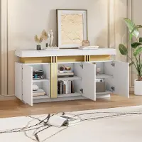 OKWISH Dressoir – 3 Deuren – 6 Vakken Met Verstelbare Planken – 140×38×70 cm – Wit Marmerlook Blad – Spanplaat Met Platina Accenten