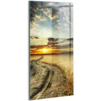 Wallfluent Glasschilderij - Onverharde weg en zonsondergang Schilderij Op Glas - 50x100 cm - Bruin Verticale Muurschildering - Landschap Foto In Glas - Foto Glas - Glas Foto