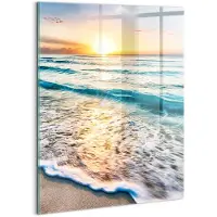 Wallfluent Glasschilderij - Strand, zee, zand Glas Schilderij - 60x80 cm - Veelkleurig Verticale Muurschildering - Landschap Foto Op Glas - Glas Foto - Foto In Glas