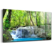 Wallfluent Glasschilderij - Landschap met een waterval in het bos Foto In Glas - 140x70 cm - Groente Horizontale muurfoto - Landschap Schilderij Glas - Foto Schilderij Op Glas - Glazen Schilderij
