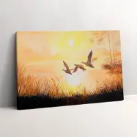 Wallfluent Foto Op Canvas Kranen bij zonsondergang - 60 x 40 cm - Beige Schilderij Canvas - Vogels Canvas Foto - Natuur Print Op Doek - Vogels Schilderijen Op Canvas Doek