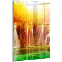 Wallfluent Glasschilderij - Schilderachtig uitzicht op de waterval Schilderij Op Glas - 40x60 cm - Oranje Verticale Muurschildering - Landschap Foto In Glas - Foto Glas - Glas Foto