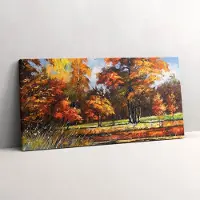 Wallfluent Foto Op Canvas Geschilderde herfst en de rivier - 120 x 60 cm - Oranje Schilderijen Op Canvas Doek - Landschappen Canvas Foto - Natuur Schilderij Op Doek - Kunst Canvas Schilderij