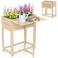 Costway Verhoogde plantenbak met inklapbaar tafelblad, houten bloembak met afvoergaten, verhoogde plantenbak voor bloemen, kruiden, groenten, fruit, tuinbed, dennenhout, 63 x 67 x 74 cm, naturel