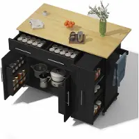 Merax Verrijdbare Keukenwagen met Uitklapbaar Blad - Keukeneiland op Wielen met 3 Laags Uittrekrek - Opbergvakken Handdoekhouder en 2 Laden - Zwart Naturel - 120x40x90 cm