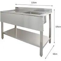 Monster Commerciële Spoeltafel met Standaard RVS - Wasbak Rechts - Catering Horeca Keuken - Opstaande rand + legplank - 120 cm x 60 cm x 105 cm