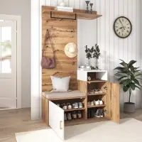 OKWISH Garderobeset – Modern Wit+Hout – 2 Schoenenvakken (9-12 Paar) – Met Spiegel, Zithoek Met Zitkussen – 4 Haken + Garderobestang – MDF/Spaanplaat – 105×40×190,5 cm