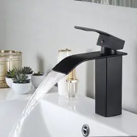 Auralum Wastafelkraan - Badkamerkraan - Mengkraan - RVS - Warm en Koud - Watervalkraan - Waterbesparend - Eéngreeps Badkamer Kraan - Zwart