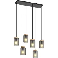 QAZQA Moderne hanglamp zwart met hout en mat grijs glas 6-lichts - Umbra